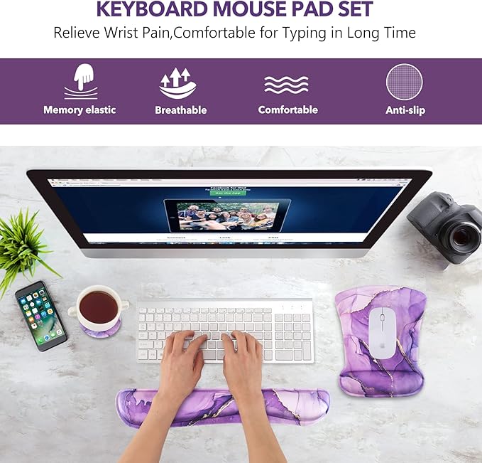 AIMSA Ergonomic Keyboard Wrist Rest and Mouse Pad with Wrist Support Set, Memory Foam Non-Slip Rubber Base, for Home, Office, Easy Typing, Pain Relief, Purple Marble