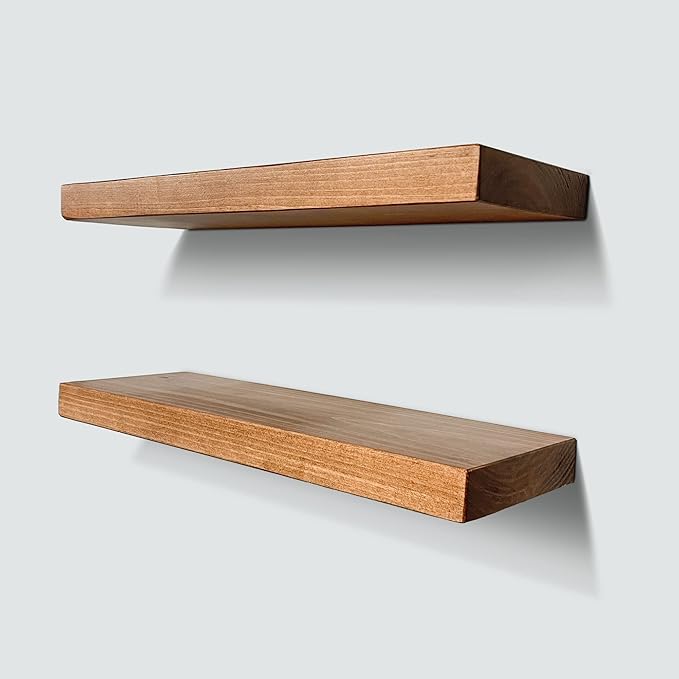 URBANDI, Rustic Floating Shelves, Set of 2, Hidden Bracket, Solid Wood, Heavy Duty, Wall Mounted Shelves, (Brown, 12Wx8D)