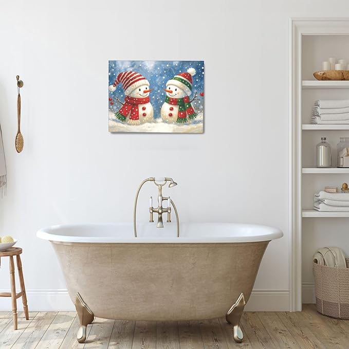 Christmas Snowman Wall Art Winter Holidays Canvas Wall Decor Pictures Paintings Prints Artwork Framed Decorations For Bathroom Bedroom Living Room Office Gifts 16" x 12"