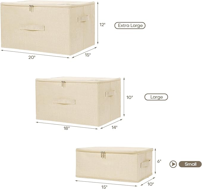 ANMINY Storage Bins with Zipper Lids 13 Qt Lidded Fabric Storage Boxes Baskets Cubes with Handles Collapsible Washable Cotton Linen Closet Shelf Clothes Organizer Containers - Beige, Small
