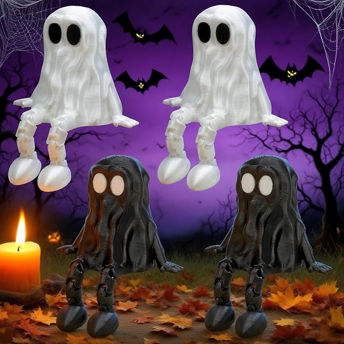 4Pcs Halloween Decorations,Ghost Decor Shelf Sitter Decorations, Outdoor,3D Printed Resin Statue, Joint Movable Figurines Bookshelf/Desk Centerpiece Shelf & Mantel Display for Halloween