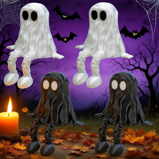4Pcs Halloween Decorations,Ghost Decor Shelf Sitter Decorations, Outdoor,3D Printed Resin Statue, Joint Movable Figurines Bookshelf/Desk Centerpiece Shelf & Mantel Display for Halloween