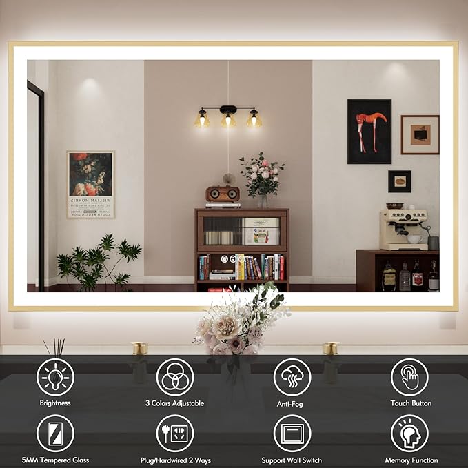 60x36 LED Bthroom Mirror with Gold Metal Frame, Dimmable Lighted Mirror with Backlit and Front-lit,LED Vanity Mirror for Wall, Memory Function, Tempered Glass, Anti-Fog