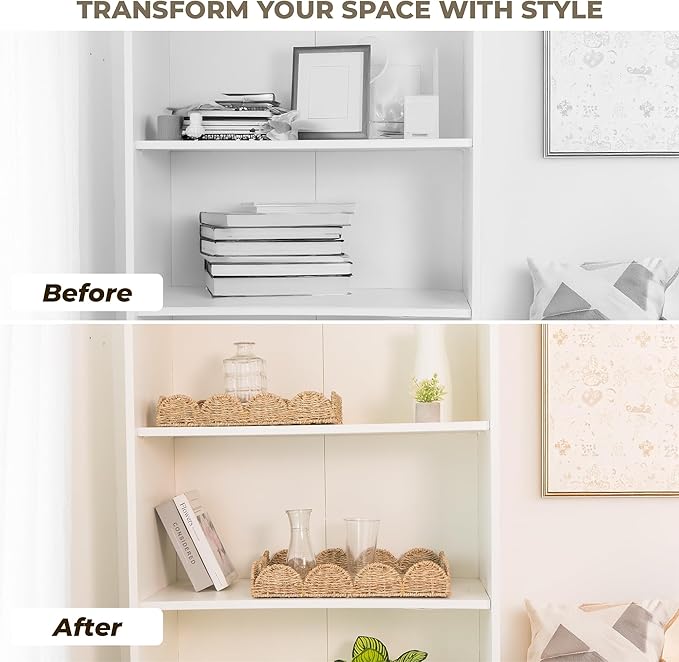 KOKODO Set of 2 Scalloped Wicker Baskets – Handwoven Seagrass Storage Baskets with Handles for Organizing, Bathroom, Living Room & Shelf Décor – Decorative Rattan Organizing Tray