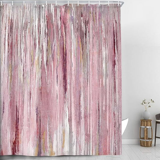 JAWO Abstract Shower Curtain, Modern Aesthetic Stripe Shower Curtain Set 70X75 Inches with 12 Hooks for Bathtub Bathroom Gray Pink Brown Contemporary Abstract Painting Fabric