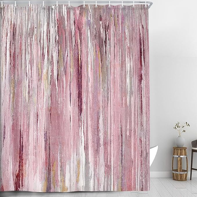 JAWO Abstract Shower Curtain, Modern Aesthetic Stripe Shower Curtain Set 60X70 Inches with 12 Hooks for Bathtub Bathroom Gray Pink Brown Contemporary Abstract Painting Fabric