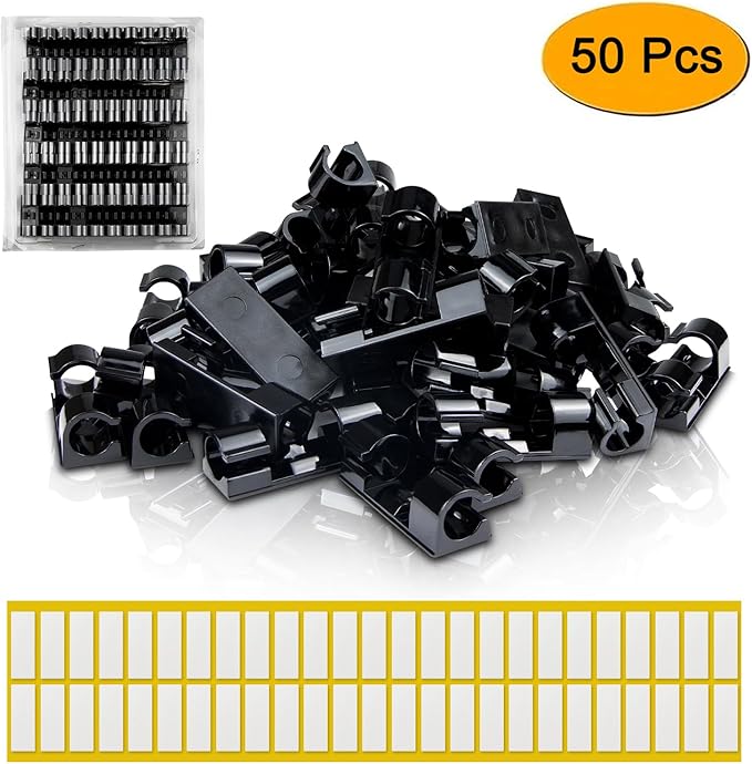 SOULWIT 50 Pcs Self Adhesive Cable Management Clips, Cable Organizers Sticky Wire Clips Cord Holder for TV PC Laptop Ethernet Cable Desktop Home Office (Black)