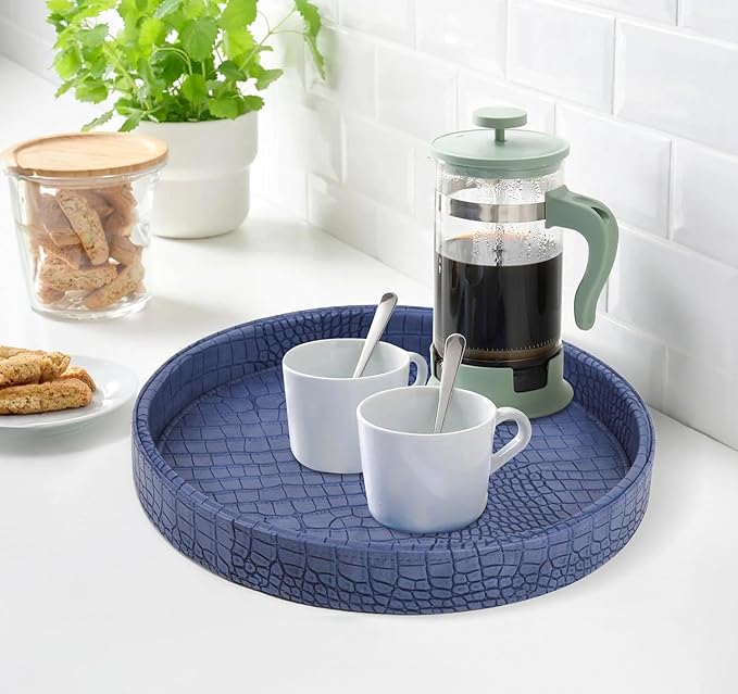 HofferRuffer Faux Leather Round Serving Tray, Vegan Croco Leather Decorative Tray, Food Tray for Storage Drinks, Snack & Cosmetics, Dia.12'' x 1.6'' (Blue)