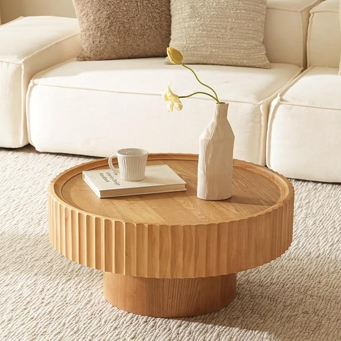Round Coffee Table, Modern Living Room Tables with Mushroom Shape and Grooved Design, Large Coffee Tables, Circle Pinewood Center Table for Living Room (Nature Wood, 30.3''L×13.7''H)