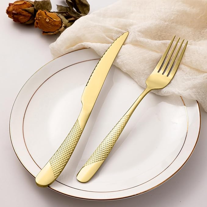 24-Piece Golden Hammered Silverware Set, Food-Grade Stainless Steel Flatware Service for 6, Modern Cutlery Utensil Set with Forks Knives Spoons, Mirror Polished, Dishwasher Safe for Kitchen Dining
