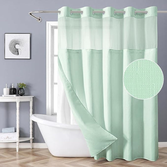 Mint Green No Hook Shower Curtain with Snap-in Fabric Liner Set,Slub Textured Fabric Shower Curtains for Bathroom,Hotel Style Modern Shower Curtain,Water Repellent & Washable,71x74(72)