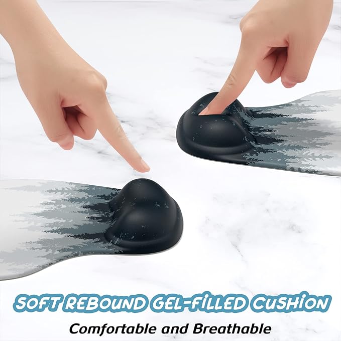 Hsurbtra Ergonomic Mouse Pad with Wrist Rest Support, Gel Mouse Pads with Non-Slip PU Base, Pain Relief Memory Foam Computer Mat, Cute Office Supplies Desk Decro Accessories, White Forest