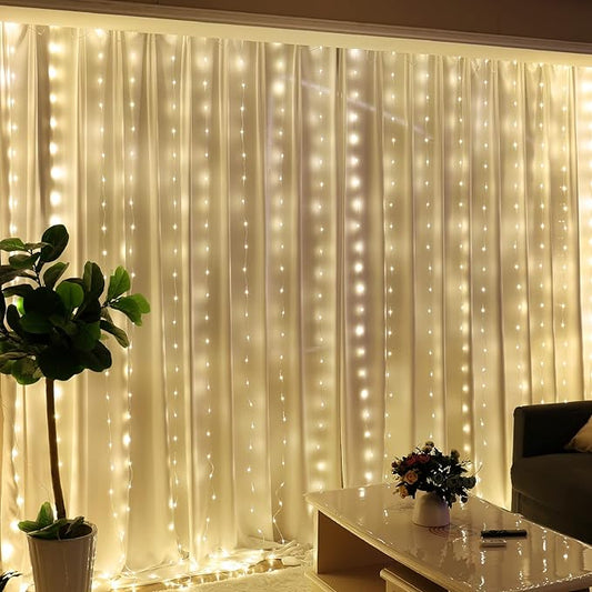 HXWEIYE 300LED Fairy Curtain Lights, 9.8x9.8Ft Tangle-Free USB Plug in 8 Modes Timer Christmas String Hanging Lights with Remote for Bedroom Backdrop Wedding Party Home Wall Garden, Warm White