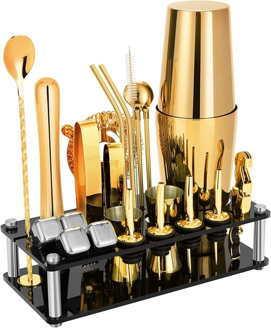 Cocktail Shaker Set, 23-Piece Boston Stainless Steel Bartender Kit with Acrylic Stand & Cocktail Recipes Booklet, Professional Bar Tools for Drink Mixing, Home, Bar, Party - Gold