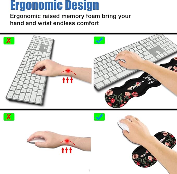 Ergonomic Memory Foam Mouse Pad Wrist Rest Set,Stay Positive Work Hard and Make It Happen Inspirational Quote Large Desk Pad + Keyboard Wrist Rest + Mouse Wrist Cushion + Coaster for Home Office Study