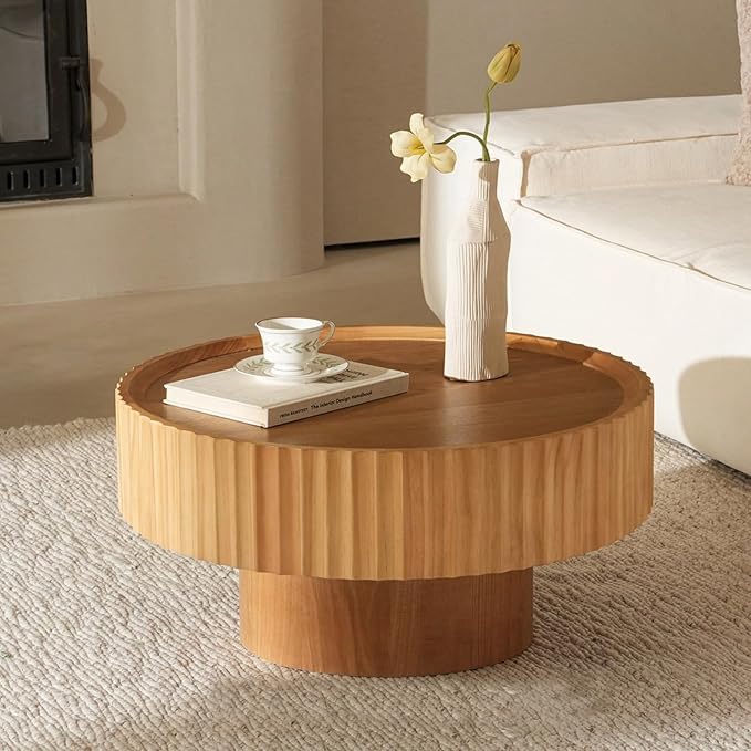 Round Coffee Table, Modern Living Room Tables with Mushroom Shape and Grooved Design, Large Coffee Tables, Circle Pinewood Center Table for Living Room (Nature Wood, 31.8''L×13.7''H)