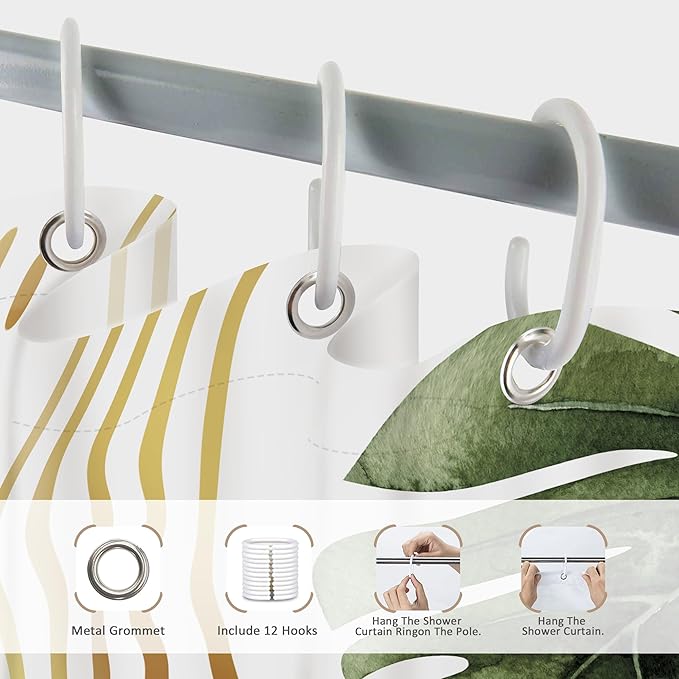 Glawry Green Gold Boho Mid Century Shower Curtain Extra Long Tropical Plant Abstract Minimalist Modern Geometric Leaf Bathroom Simple 72Wx78L Inches Bath Accessories Art Home Decor Fabric 12 Pack Hook