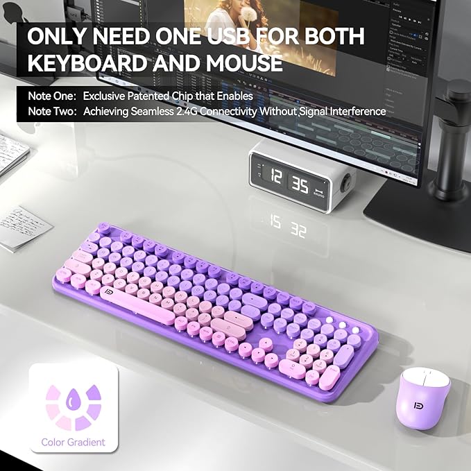FD Wireless Keyboard and Mouse Combo - 2.4G Full-Sized Cute Colorful Mouse and Keyboard with 104 Round Keys Retro Typewriter Keyboards for Laptop/Windows/PC - Purple Gradient