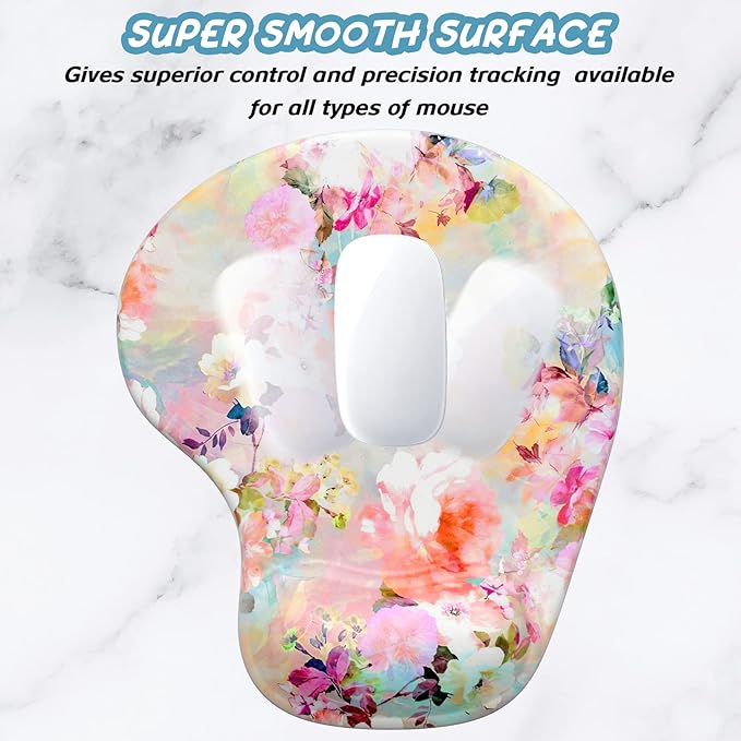 Hsurbtra Ergonomic Mouse Pad with Wrist Rest Support, Gel Mouse Pads with Non-Slip PU Base, Pain Relief Memory Foam Computer Mat, Cute Office Supplies Desk Decro Accessories, Pink Flower