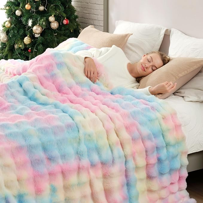 Cozy Bliss Faux Fur Throw Blanket for Couch, Bubble Plush Blanket King Size, Fuzzy Soft & Thick Blanket for Bed Sofa Living Room, 108x90 Inches Tie-dye Rainbow