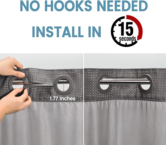 Charcoal Grey No Hook Shower Curtain with Snap in Liner,230GSM Waffle Weave Shower Curtains for Bathroom,71W x 74H