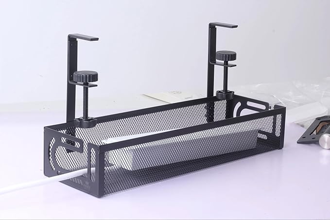 4-in-1 Clamp-On Cable Managment Tray-No Drill Wire Organizer for Desk, Side, Front, or Shelf Mount-Heavy Duty Metal Mesh by Prince Supply Co.