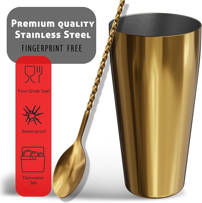 Bar Set Cocktail Shaker Set Bartender Kit, 8 Piece Gold Cocktail Set, Mixology Bartender Kit, Steel Drink Shakers Cocktail Kit, Bar Accessories: 24oz Martini Shaker, Muddler, Cocktail Book and More