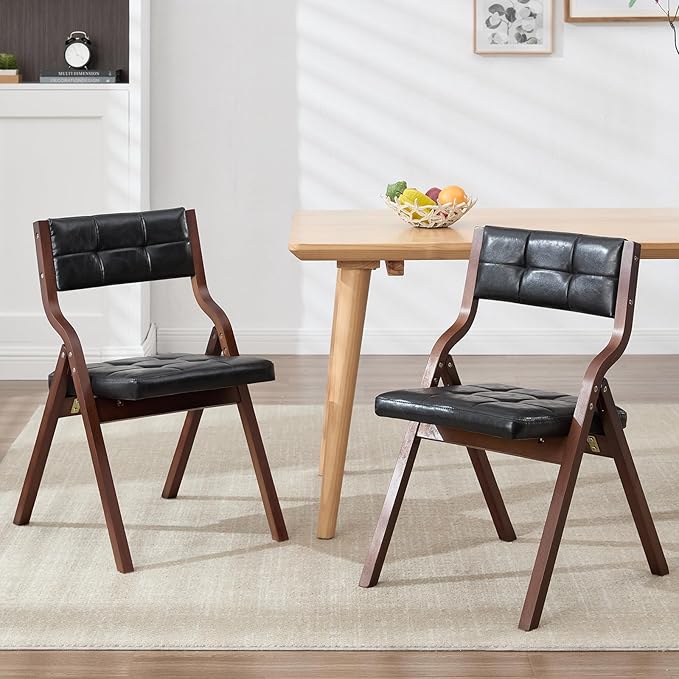 4-Pack Folding Dining Chairs with Cushion,Faux Leather Padded Foldable Dining Chairs,Portable Wooden Folding Chairs for Dining Rooms Kitchen Wedding and Party Indoor Black