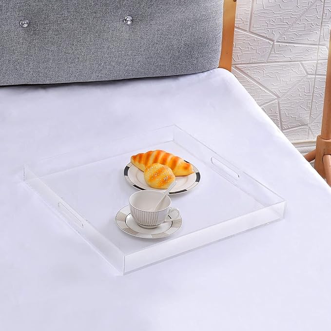 Clear extra large Ottoman Tray with Handles 18"x18"x2" Spill proof Acrylic Serving Tray Organizer Tray Decorative safe edge tray For Living Room Entryway Bedroom Kitchen Coffee Table coutertop