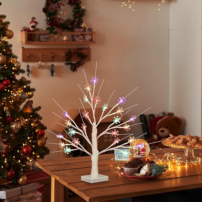 Retisee Multi Colored Snowflake Tree LED Light with 24 LED Snowflake Lights Timer USB Battery Operated Christmas Indoor Outdoor for Home Table Party Decor