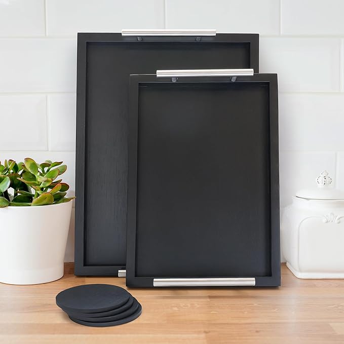 Decorative Ottoman Bamboo Serving Tray (Set of 2) | Black Sleek Metal Handles | 4 Matching Coasters | Coffee Table Decor | Serving Kitchen Platter (Bamboo Black) | for All Occasions