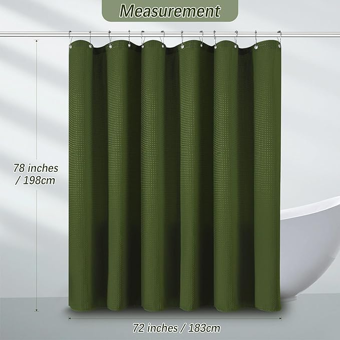 Green Shower Curtain for Bathroom Waffle Textured Heavy Duty 78 Inch Shower Curtain Set for Bathroom, Water Repellent 256GSM Neutral Fabric Shower Curtains with 12 Metal Hooks, 72Wx78H