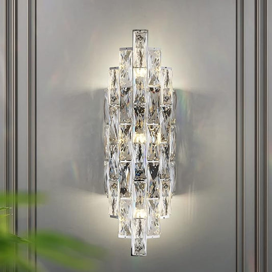 Modern Crystal Chrome Wall Sconces, Wall Light Fixtures, Indoor Wall Lamp, Vanity Wall Mount Lamps for Living Room Bedroom Bathroom Bedside Hallway Stairway