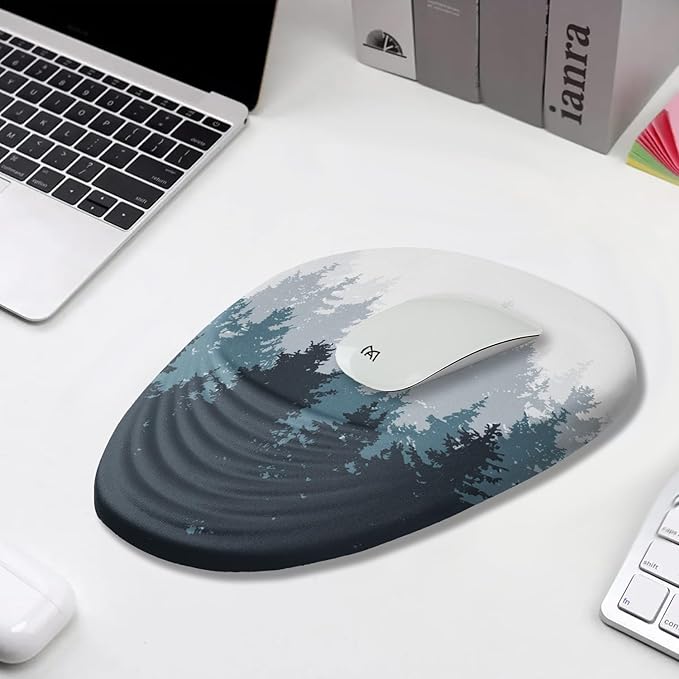 Ergonomic Mouse Pad Wrist Support, Mouse Pad with Wrist Rest, Memory Foam Massage Design & Non-Slip PU Base MousePads for Pain Relief, Desk, Office, Home, Forest Tree
