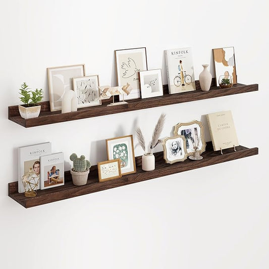 Floating Picture Ledge Shelves 48 Inch Solid Oak Wood Set of 2, Rustic Wall Storage Shelves with Lip, Kids Bookshelf, Photo & Picture Ledge Shelves for Bedroom, Living Room, Kitchen