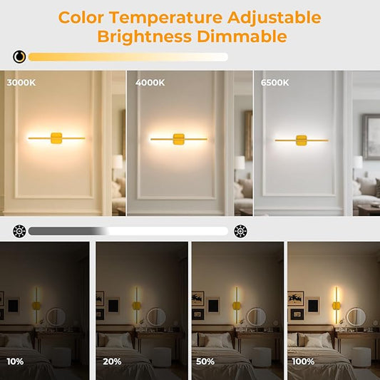 1 Pack Battery Operated Wall Sconce Detachable 360°Rotate, Wireless Wall Lamp 3000-6500K Dimmable, 10000mAh Rechargeable Wall Light for Bedroom, Living Room，28" Gold