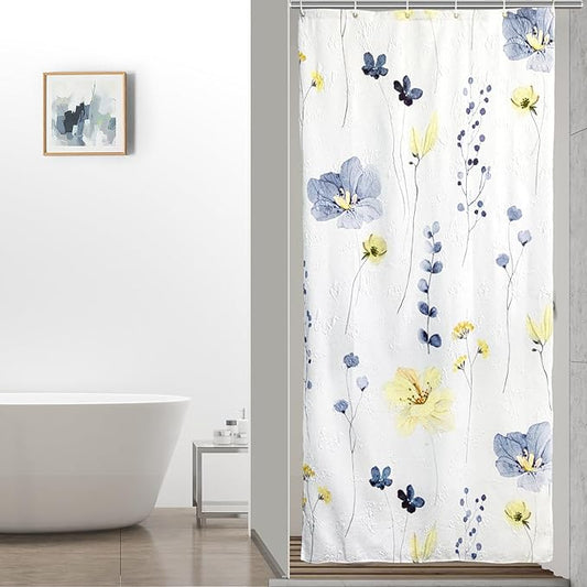 QiyI Small Stall Shower Curtain 36 x 72, Narrow Half Watercolor Floral Bath Curtain, 3D Embossed Blue Yellow Flower Cloth Bathroom Curtain, Waterproof Fabric White Shower Curtain Set with Hooks