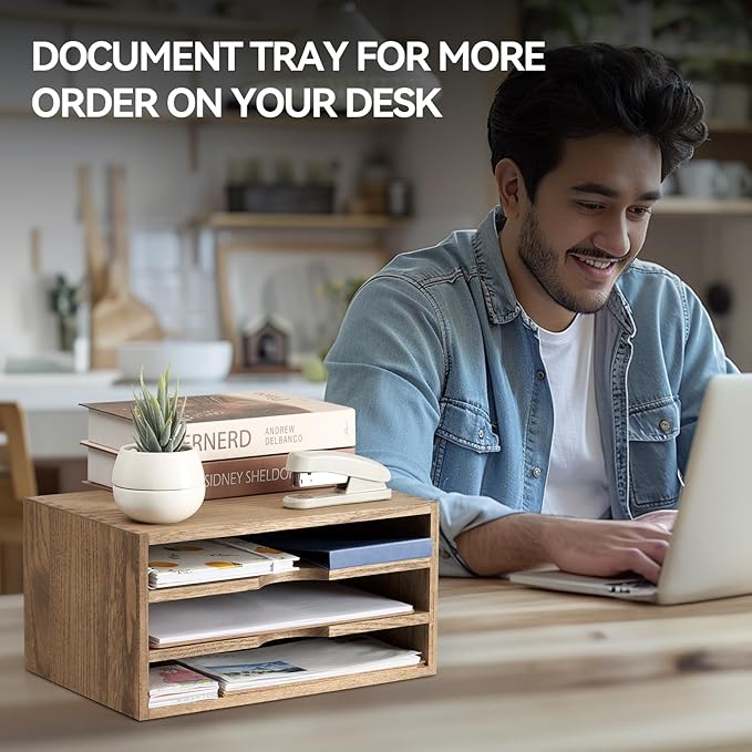 KIRIGEN Wooden Desktop Organizer Paper Storage Letter Tray File Sorter - Desk Rack Magazine File Dividers Holders for Home Office Accessories with 3 Layer Trays Dark Brown (3KWJG-DBR)