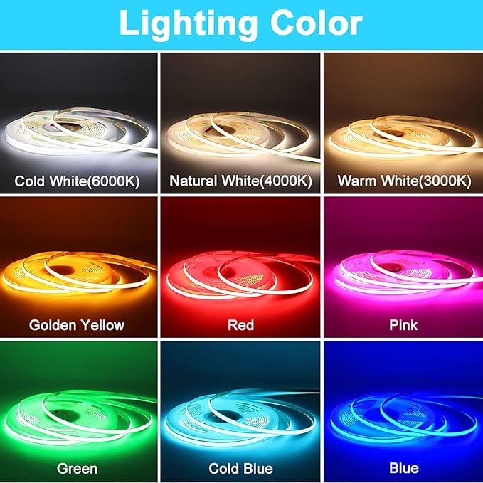 High Bright Cold Blue COB LED Light Strip Decorative Self Adhesive LED Tape DC 24V 480LEDs/m 16.4FT/5M CRI 90 Ribbon Lights for Home Kitchen Bedroom Bar Decor (DC24V, Without Power Supply)