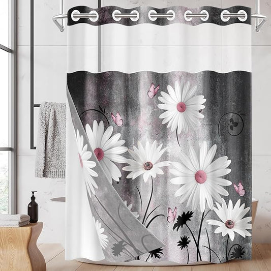 No Hook Pink White Daisy Butterfly Shower Curtain with Snap in Fabric Liner Set, Grey Farmhouse Double Layers Waterproof Fabric with See Through Top Window Open Grommet Bath Curtain 71x74 Inch
