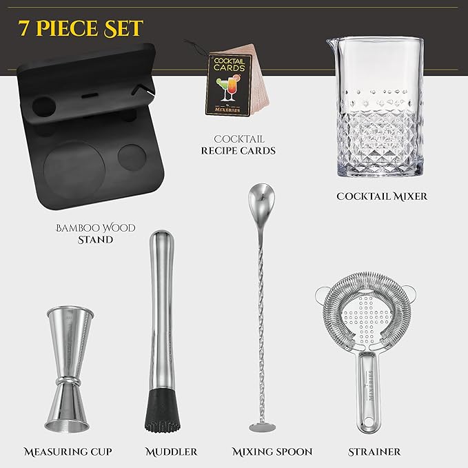 Crystal Cocktail Mixing Glass Set with Bamboo Stand - 22 Oz 650ml - Thick and Sturdy Bottom, Durable and Seamless Design with Bar Accessories