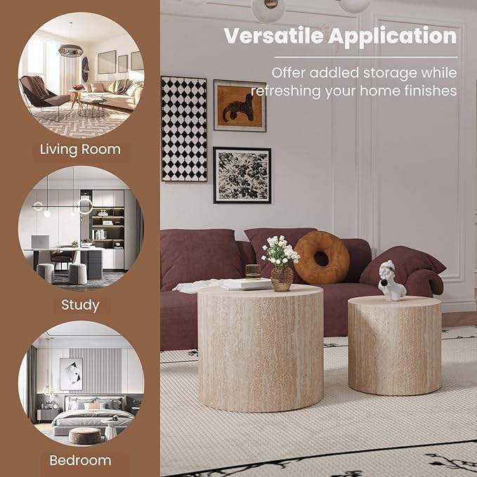 Round Nesting Coffee Table Set of 2 Modern Wood Coffee Tables Handcraft Drum Coffees Table Farmhouse Round Sofa Side Tables End Table for Living Room Small Spaces, No Assembling (Travertine)