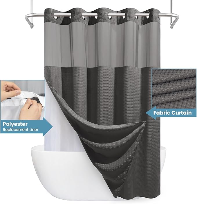 Charcoal Grey No Hook Shower Curtain with Snap in Liner,230GSM Waffle Weave Shower Curtains for Bathroom,71W x 74H