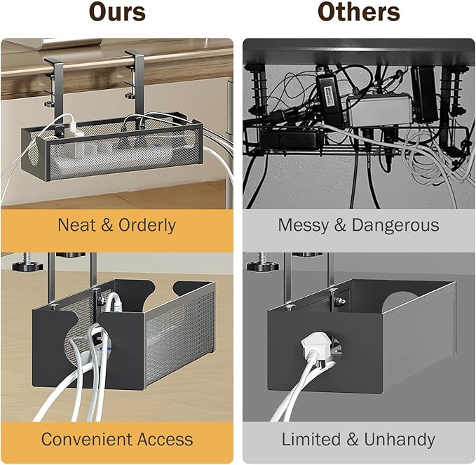 DELAMU Under Desk Cable Management Tray, No Drill Metal Mesh Cable Management Under Desk with F-Clamp Mount & 2 Open Holes, Cord Organizer for Home Office, 1 Pack, Black