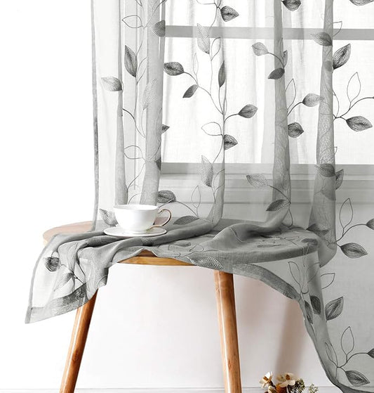 HOMEIDEAS Light Grey/Gray Sheer Curtains 52 X 63 Inches Length 2 Panels Embroidered Leaf Pattern Pocket Faux Linen Floral Semi Sheer Voile Window Curtains/Drapes for Bedroom Living Room