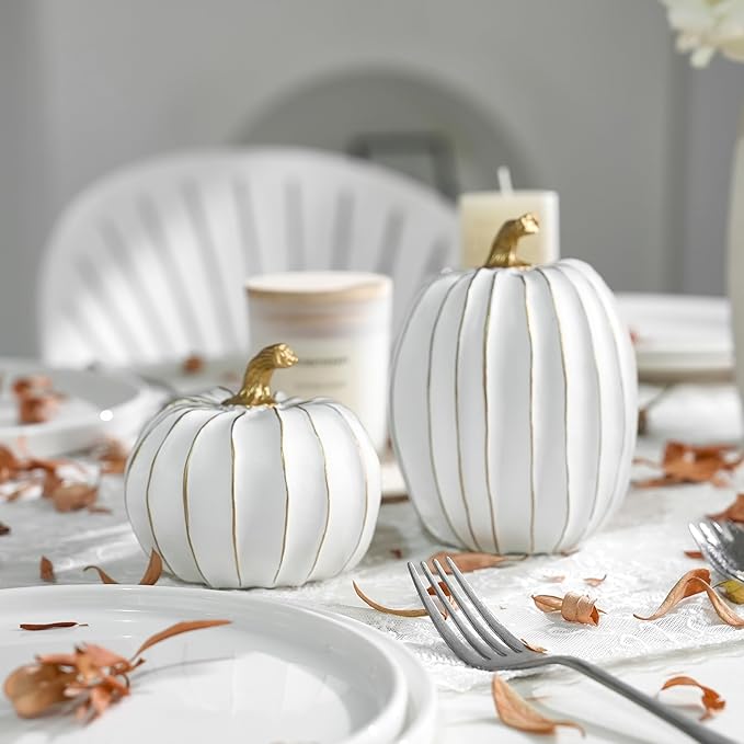 Fall Pumpkin Decor, White and Gold Decorative Pumpkins, Thanksgiving Resin Pumpkins Figurine Set of 2, Elegant Fake Pumpkin Statues for Fall Home Decor, Tabletop Centerpiece, Harvest, Wedding