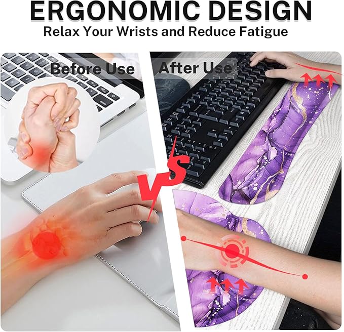 Britimes Purple Gold Marble Mouse Pad 3pcs Set with Wrist Support Non-Slip Rubber Base Ergonomic Pad,Mouse Wrist Cushion Support and Coasters for Home Office Gaming Easy Typing & Pain Relief