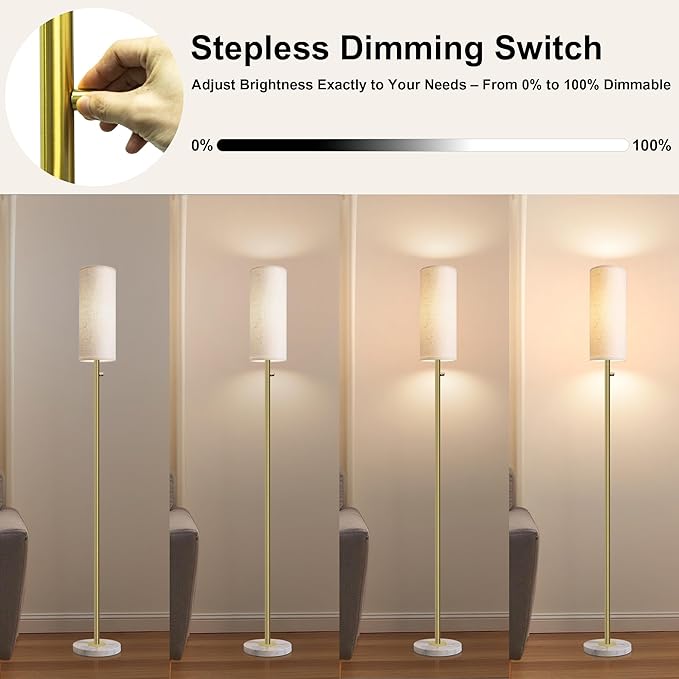 Gold Floor Lamp,Dimmable Floor Lamps for Living Room,Modern Standing Lamp with Marble Base,LED Bulb Included,Tall Floor Lamp for Bedroom, Living Room,Office,Reading and Nursery(Gold)