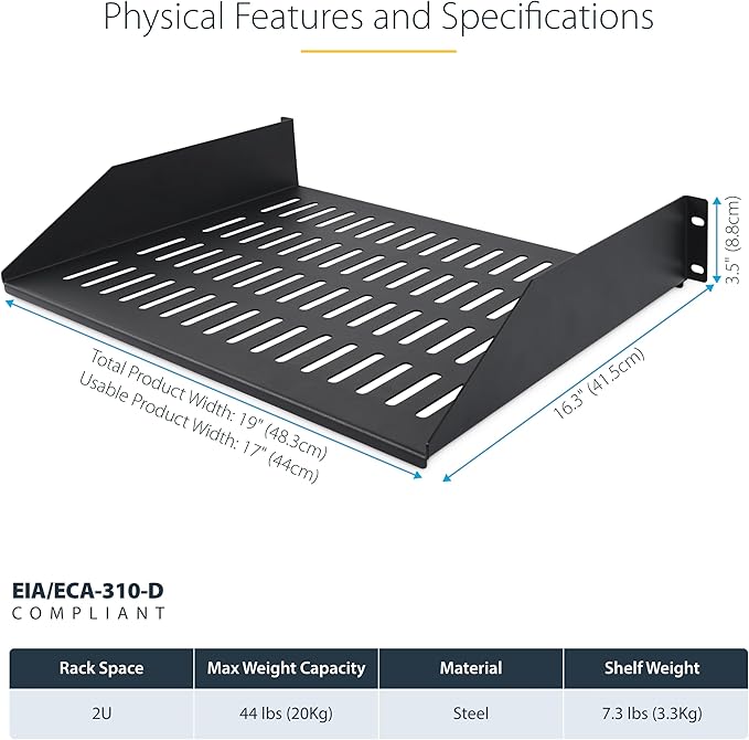 StarTech.com 2U Vented Server Rack Shelf, 16in/41.5cm Mounting Depth, for 19" Rack/Cabinet, SPCC Steel, Max 44lb/20kg