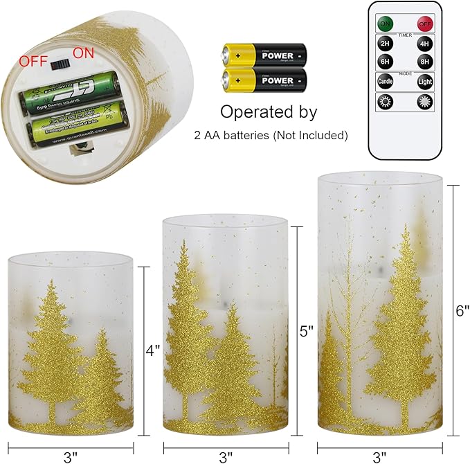 DRomance Christmas Tree Glass Flameless Candles with Remote Timer Battery Operated Real Wax 3D Wick LED Flickering Pillar Candles Christmas Holiday Decor(Gold, 3 x 4,5,6 Inch)